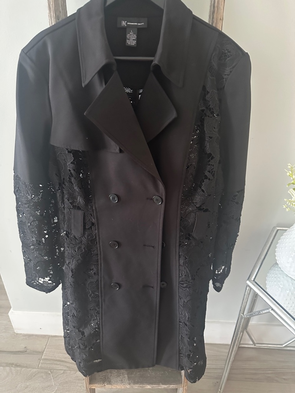 INC International Concepts Black Lace-Panel Double-Breasted Trench